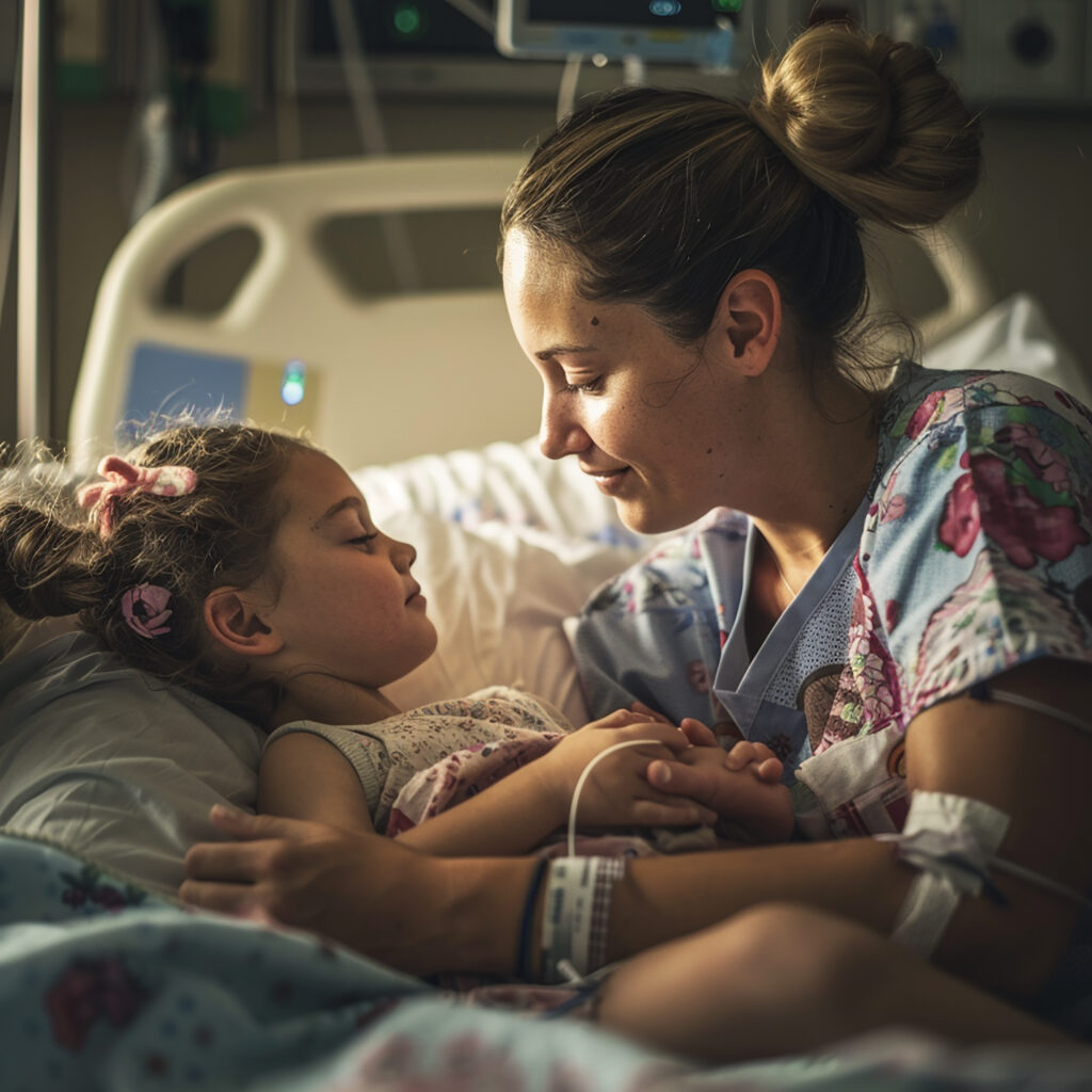 professional nurse comforting child hospital bed