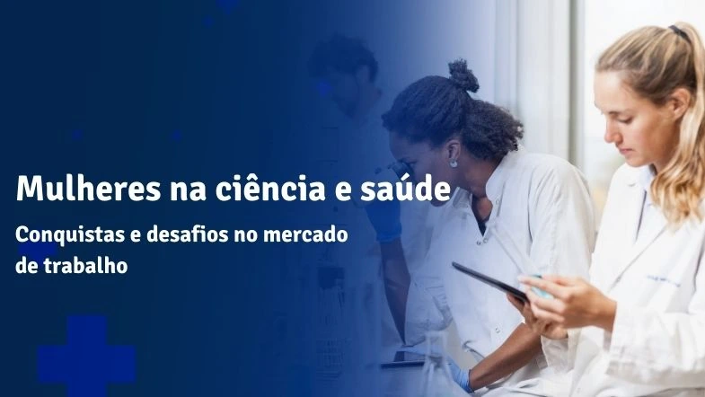 Imagem de duas mulheres cientistas em um laboratório, simbolizando a crescente representatividade feminina na ciência e na saúde. A imagem destaca a importância da atuação das mulheres na pesquisa, inovação e desenvolvimento de novas tecnologias médicas, reforçando o impacto de suas contribuições no mercado de trabalho.