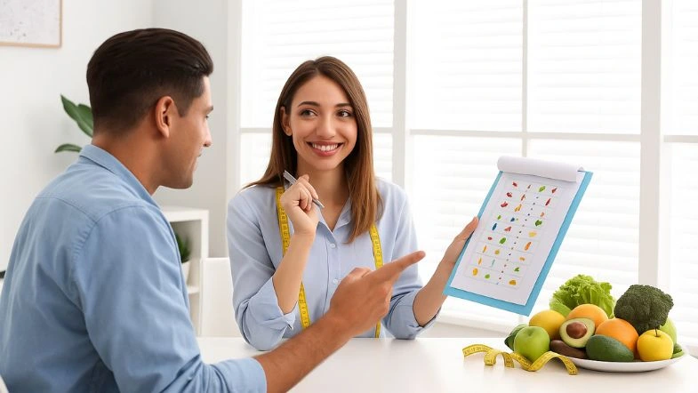 Graduação em Nutrição: o que se estuda, onde o nutricionista pode atuar e por que escolher a Faculdade ITH 8 Nutricionista sorri enquanto apresenta plano alimentar a paciente durante consulta, com frutas e vegetais frescos sobre a mesa, simbolizando educação nutricional e alimentação saudável.