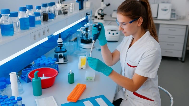 Biomedicina: avanços tecnológicos na saúde 6 Biomédica realizando experimento com pipeta em laboratório equipado, representando práticas modernas da biomedicina e inovação científica na área da saúde.