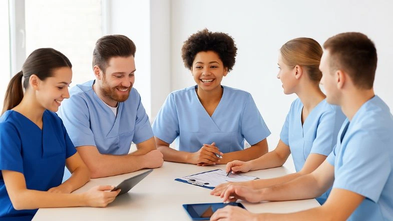 Pós-graduação em Gestão e Liderança na Saúde: destaque-se no mercado 7 Grupo de cinco profissionais da enfermagem reunidos em uma mesa de trabalho, todos usando uniformes azuis e sorrindo enquanto discutem documentos e utilizam tablets. Ambiente claro e colaborativo, sugerindo cenário de capacitação ou reunião de equipe em instituição de saúde.