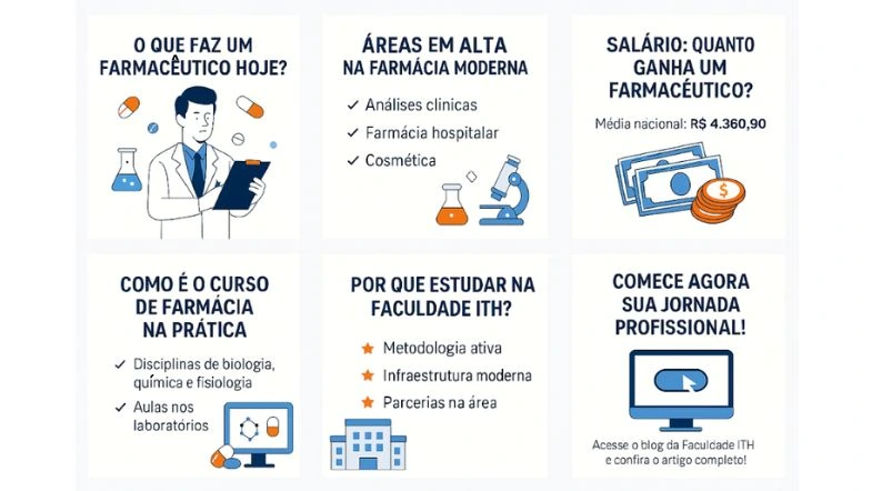 Farmácia: o que faz um farmacêutico, onde atuar e como se destacar na área da saúde 7 Infográfico sobre a carreira em Farmácia, destacando o que faz um farmacêutico, áreas em alta como análises clínicas e farmácia hospitalar, média salarial de R$ 4.360,90, disciplinas do curso, diferenciais da Faculdade ITH e chamada para iniciar a jornada profissional.