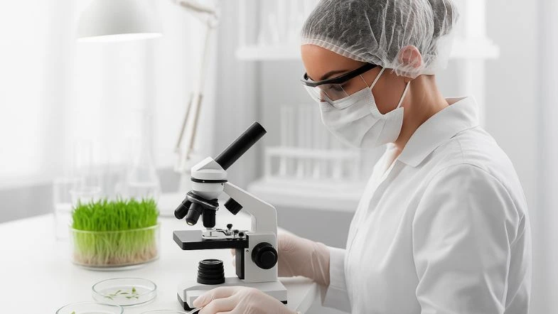 Fitoterapia e fitomedicamentos: participe do evento gratuito que vai transformar sua atuação 8 Especialista em fitomedicamentos utilizando microscópio para analisar amostras vegetais, vestindo jaleco, touca, máscara e luvas, com bandejas de plantas e materiais de vidro ao fundo, representando pesquisa em fitoterapia.