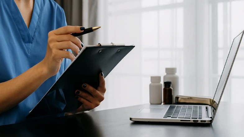 Gestão comercial na saúde: como impulsionar a inovação 8 Profissional da saúde com uniforme azul segura uma prancheta e uma caneta diante de um notebook. Ao fundo, frascos de medicamentos e luz natural reforçam o ambiente clínico e estratégico.