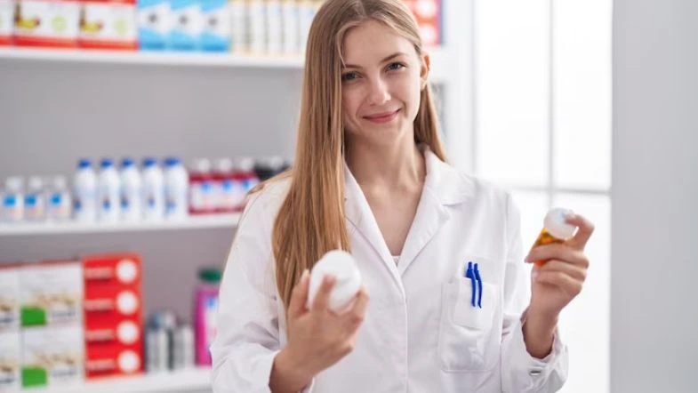 Fitoterapia e Fitomedicamentos: aula magna marca lançamento de Pós em Farmácia Clínica 8 Farmacêutica segura dois frascos de medicamentos em farmácia, representando prática clínica e prescrição racional.