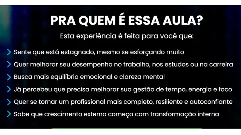 Alta Performance: desenvolva seu potencial e supere seus limites 8 Slide com lista de benefícios e perfil do público ideal para a masterclass sobre alta performance da Faculdade ITH, com foco em autodesenvolvimento.