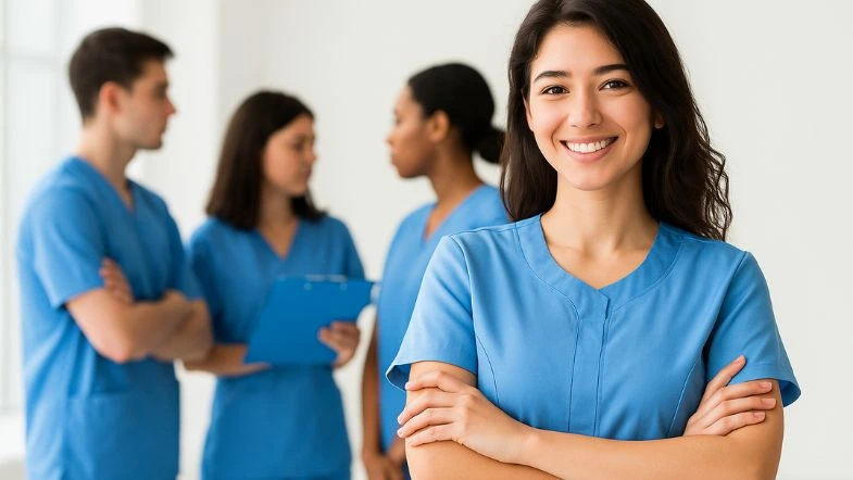 Pós-graduação em Gestão e Liderança na Saúde: destaque-se no mercado 9 Profissional da saúde sorridente em primeiro plano, com uniforme azul e braços cruzados, enquanto ao fundo três colegas interagem com uma prancheta. A imagem reflete a confiança obtida por uma capacitação de excelência com a pós-graduação em gestão e liderança na saúde.
