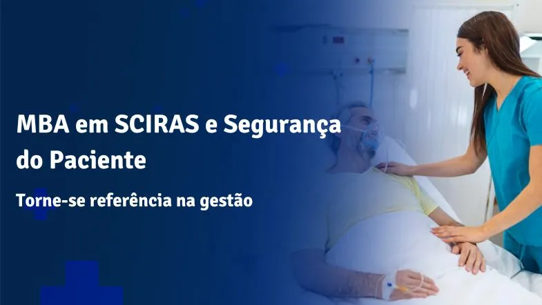 Enfermeira sorridente cuida de paciente internado, representando o impacto positivo da formação no MBA em SCIRAS e Segurança do Paciente.