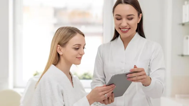 Profissional da estética mostrando informações em um tablet para cliente em clínica de estética.