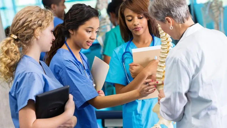 Graduação em saúde: escolha certa para uma carreira de sucesso 8 Grupo de alunas do curso de saúde em aula prática observando atentamente uma coluna vertebral em laboratório com professora orientadora.