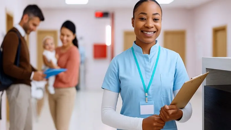 Pós-Graduação em Saúde Coletiva e Saúde da Família: transforme sua carreira 8 Enfermeira sorridente segurando uma prancheta em ambiente clínico, representando a atuação qualificada de profissionais formados em Saúde Coletiva.