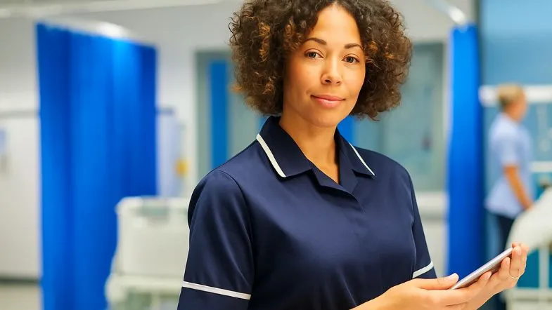 Pós-graduação em Gestão e Metodologia ONA: liderando com excelência 8 Enfermeira com uniforme azul escuro utilizando tablet em ambiente hospitalar, destacando tecnologia, gestão clínica e protagonismo feminino na saúde.