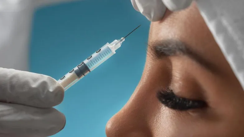 Profissional aplicando injeção estética no rosto da paciente, representando técnica avançada como bioestimuladores ou toxina botulínica.