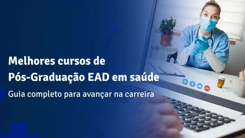 Banner com enfermeira em videoconferência no computador, representando cursos de pós-graduação EAD na área da saúde para avançar na carreira.