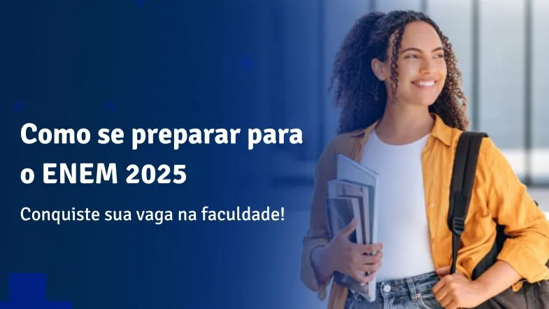 Estudante sorridente com mochila e cadernos, pronta para o ENEM 2025.
