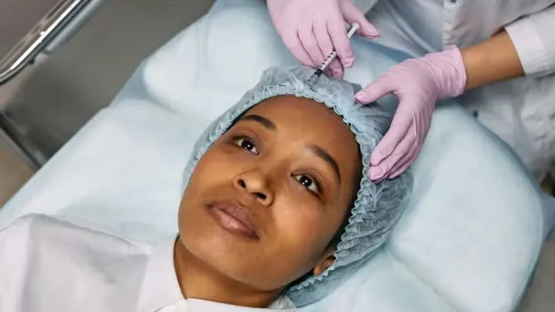 Principais procedimentos da estética avançada e como a pós-graduação prepara você 6 Aplicação de técnica injetável na testa de paciente durante procedimento estético, com profissional usando luvas e touca cirúrgica.