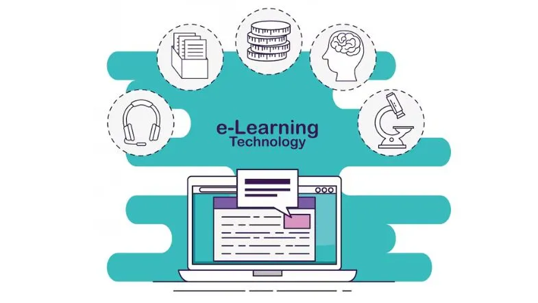 Edtechs: o que são e por que estão transformando a educação? 6 Ilustração com ícones educacionais ao redor de um notebook com a frase “e-Learning Technology” ao centro.