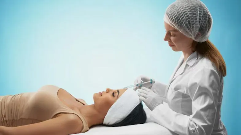 Principais procedimentos da estética avançada e como a pós-graduação prepara você 7 Profissional realizando aplicação de toxina botulínica em paciente deitada, demonstrando prática comum na estética avançada.