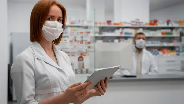 Especialização em Farmácia Hospitalar: descubra como se destacar no mercado da saúde 7 Farmacêutica clínica utilizando tablet para registro e monitoramento de medicamentos em ambiente hospitalar, com foco em tecnologia e precisão.