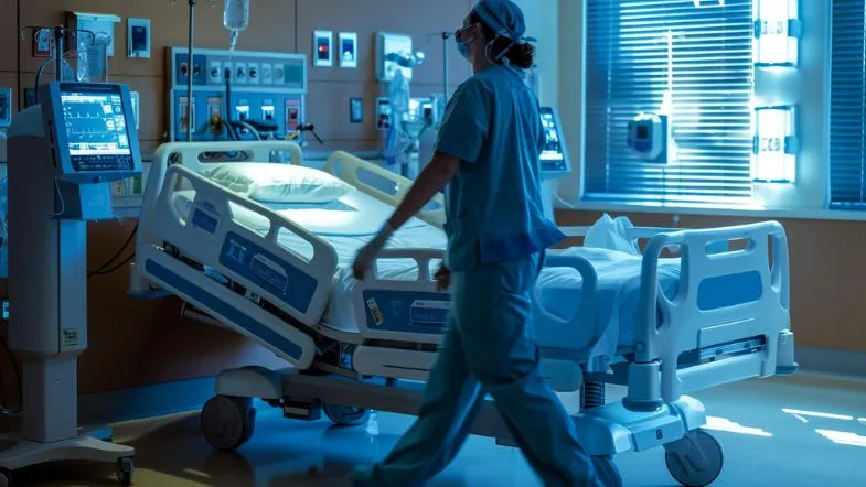 Profissional de enfermagem, com especialização técnica, caminhando entre leitos e monitores na UTI durante plantão hospitalar.