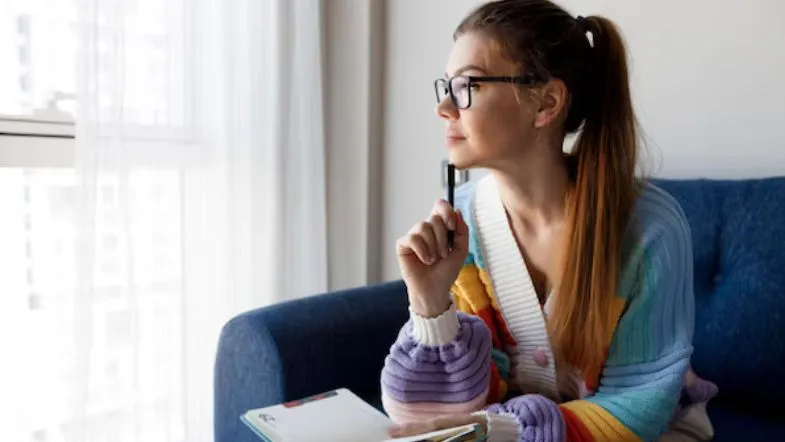 Estudante de Psicologia refletindo e fazendo anotações em caderno durante estudo em casa.