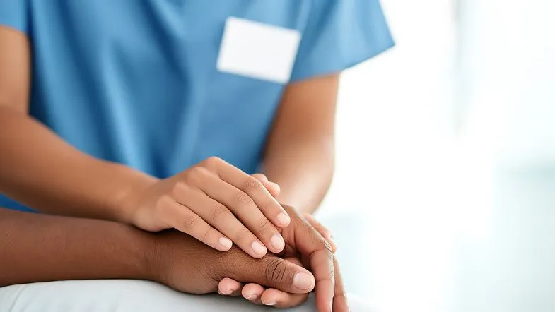 Formação profissional no combate às hepatites virais: por que é essencial? 8 Enfermeiro(a), representando formação especializada, segurando com cuidado a mão de um paciente, representando acolhimento, empatia e cuidado humanizado na saúde.
