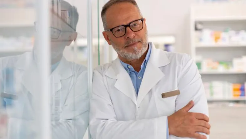 Especialização em Farmácia Hospitalar: descubra como se destacar no mercado da saúde 8 Farmacêutico experiente em ambiente hospitalar, simbolizando liderança e atuação estratégica em farmácia clínica e hospitalar.