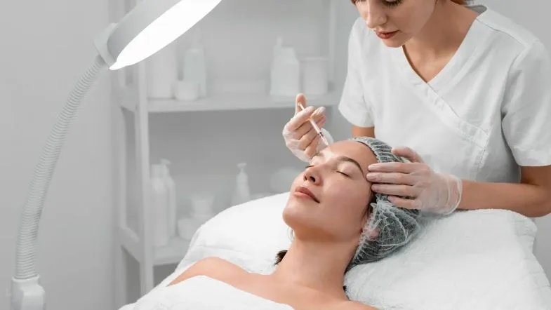 Principais procedimentos da estética avançada e como a pós-graduação prepara você 9 Profissional aplicando procedimento estético injetável em paciente feminina, exemplificando práticas avançadas ensinadas em pós-graduação.