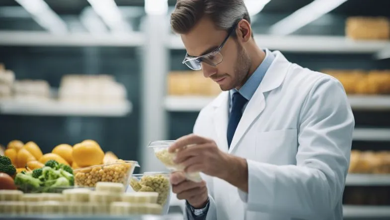 Evento Nutri Inteligente: acompanhe as tendências em nutrição clínica e esportiva 9 Nutricionista homem analisando rótulos de alimentos em ambiente de produção.