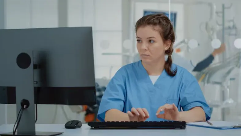 10 caminhos na pós-graduação para transformar sua carreira em Enfermagem 7 Enfermeira usando computador em ambiente hospitalar para consulta de protocolos e prontuários digitais.