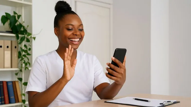 Estética de Alta Performance: formação completa em botox, preenchimento e laserterapia 8 Esteta negra sorridente acenando em chamada de vídeo, vestindo uniforme branco e segurando celular.