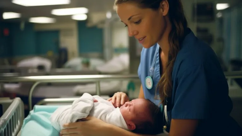Enfermeira acolhendo recém-nascido em UTI Neonatal, simbolizando cuidado humanizado na saúde infantil.