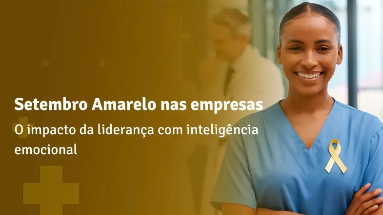 Profissional da saúde sorridente com laço amarelo na farda, representando a campanha Setembro Amarelo nas empresas.