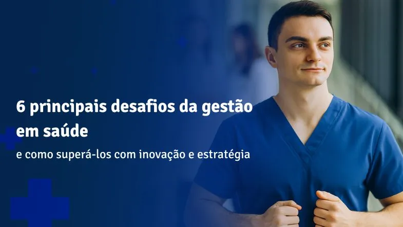Profissional de saúde em uniforme azul olhando confiante para o futuro, representando liderança na gestão em saúde.