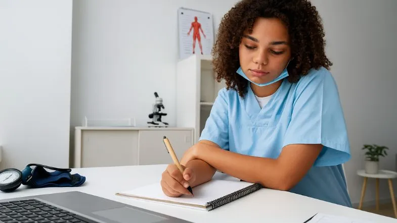 Estudante de enfermagem escrevendo anotações em ambiente acadêmico, simbolizando a formação em gestão hospitalar e saúde.