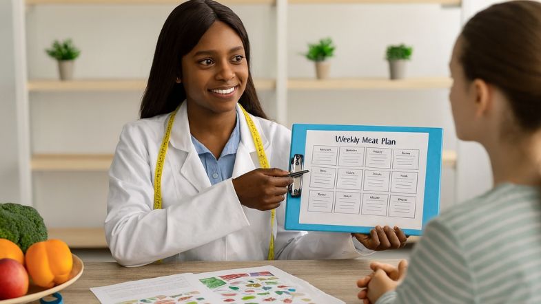 Nutricionista apresentando plano alimentar semanal para paciente durante consulta.
