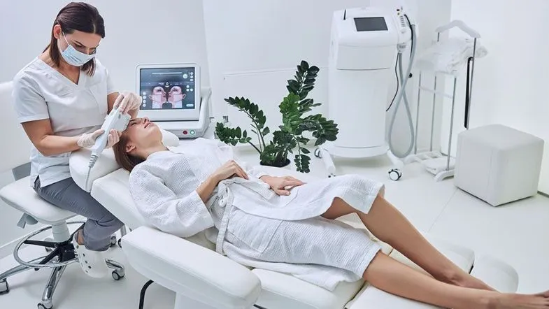 Estética Avançada: como o Ultraformer MPT pode transformar sua carreira 11 Paciente em maca recebe tratamento facial com Ultraformer MPT em clínica moderna de estética avançada.