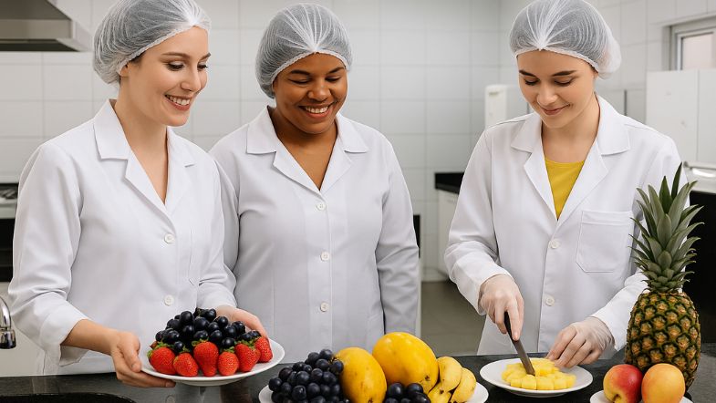 Três estudantes de Nutrição em cozinha experimental manipulando frutas frescas com toucas e jalecos.