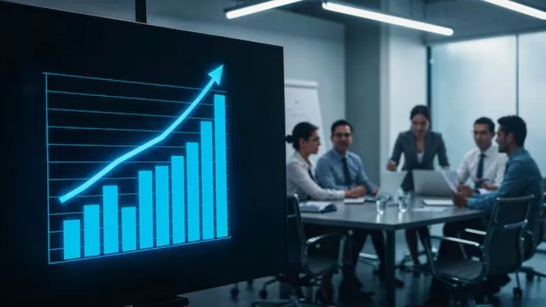 Graduação em Administração: salário, funções, oportunidades e áreas de atuação 12 Equipe de Administração em reunião com gráfico de crescimento; estratégia e planejamento empresarial.
