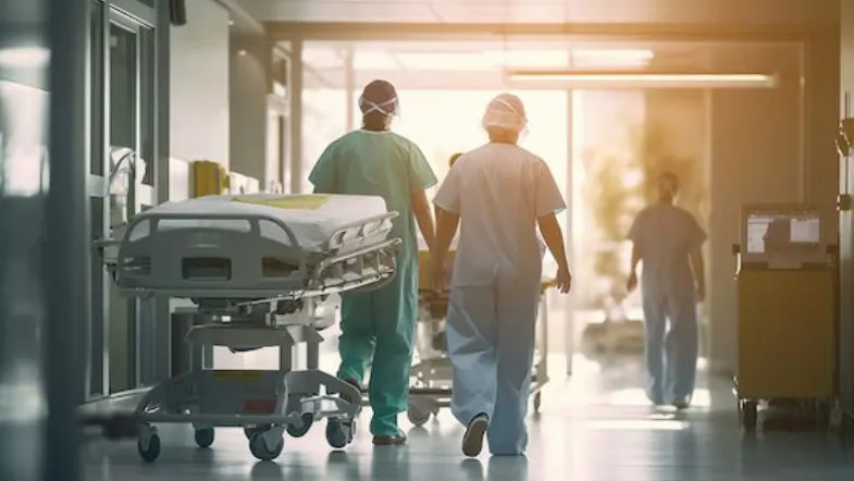 Classificação de risco em urgência e emergência: entenda o papel essencial do enfermeiro 12 Equipe de saúde conduzindo paciente em maca por corredor hospitalar em cenário de urgência e emergência.