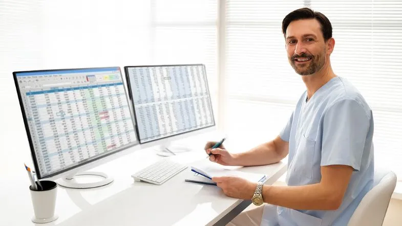 Auditoria hospitalar: como prevenir desperdícios e melhorar indicadores em saúde 13 Homem com roupas hospitalares e expressão confiante diante de duas telas com planilhas, ilustrando o papel analítico do auditor em saúde.