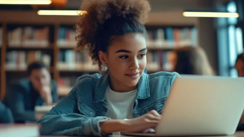 Estudante em uma biblioteca utilizando notebook para estudar, representando a flexibilidade das EdTechs.
