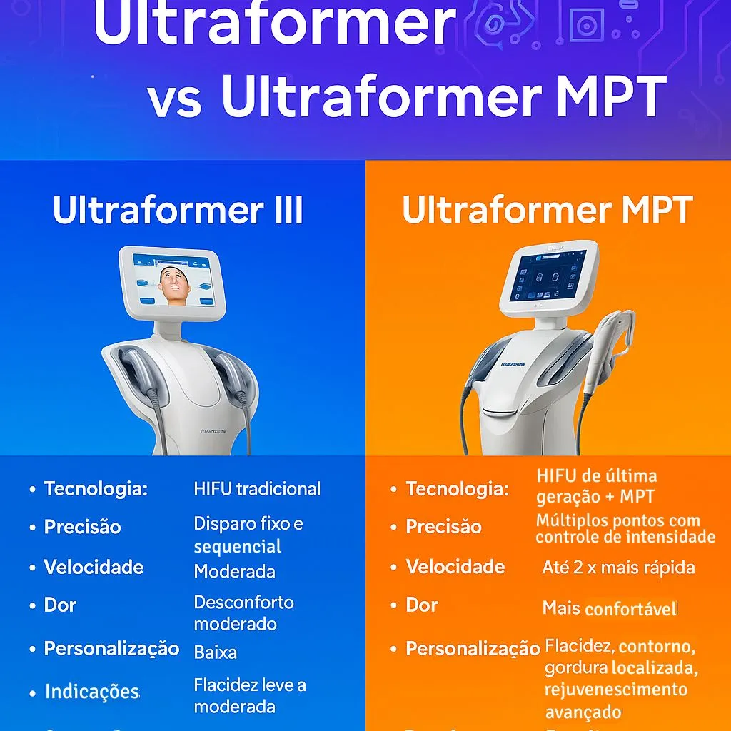Estética Avançada: como o Ultraformer MPT pode transformar sua carreira 12 Comparativo visual entre Ultraformer III e Ultraformer MPT destacando tecnologia, precisão, velocidade e resultados clínicos.