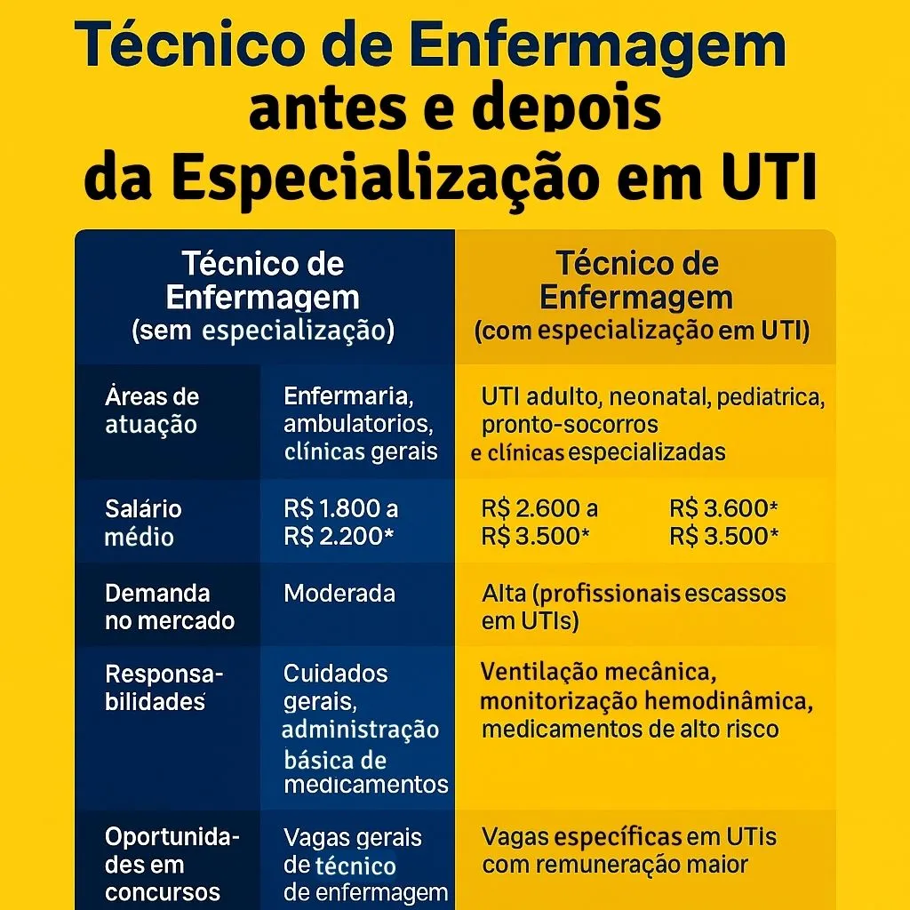 Infográfico comparando técnico de enfermagem com e sem especialização em UTI, destacando salários, áreas de atuação e responsabilidades.