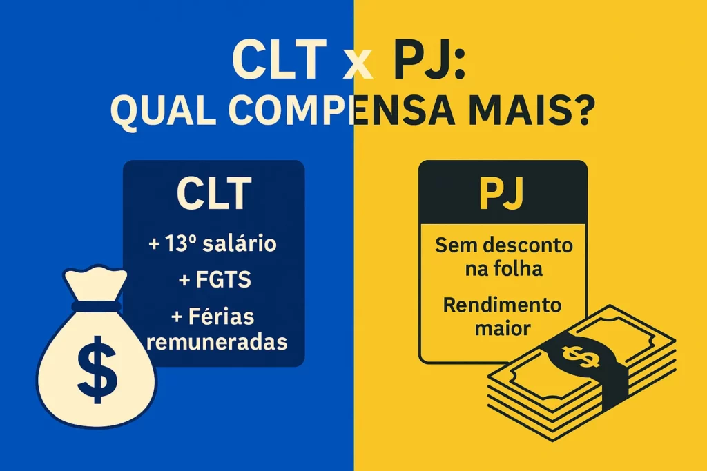 Carreira em Gestão Comercial: salários, áreas de atuação e dicas para se destacar no mercado 14 Infográfico comparando as vantagens da contratação CLT e PJ. Do lado esquerdo, fundo azul, o modelo CLT destaca 13º salário, FGTS e férias remuneradas. Do lado direito, fundo amarelo, o modelo PJ aponta ausência de descontos na folha e rendimento maior. A imagem é dividida ao meio, com ícones de dinheiro representando cada modelo.