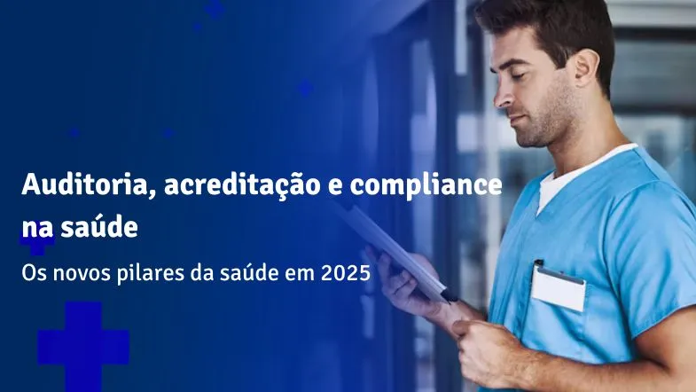 Profissional de saúde analisa prontuário digital em hospital, representando auditoria e compliance em serviços de saúde.