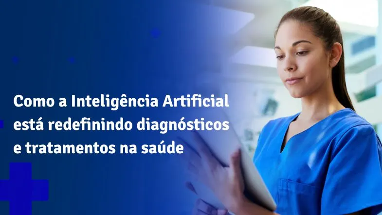 Profissional de saúde utilizando tablet com foco em tecnologias de inteligência artificial na medicina.