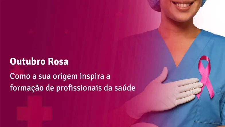 Profissional de saúde sorrindo com laço rosa no uniforme, símbolo do Outubro Rosa e da conscientização sobre o câncer de mama.