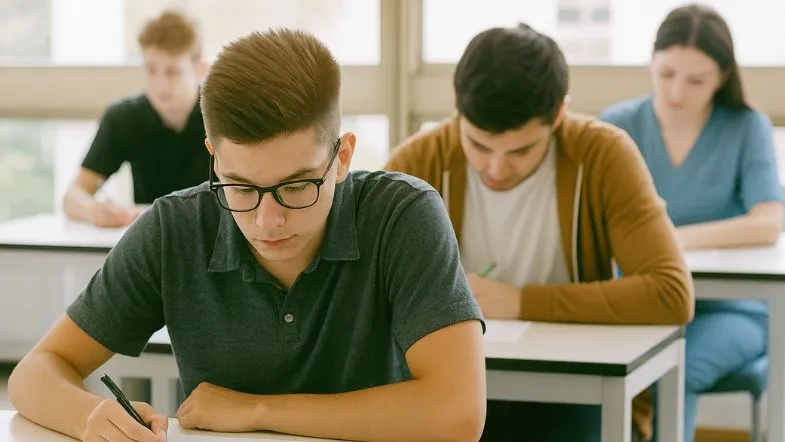 Estudantes concentrados realizando prova em sala de aula, representando a preparação prática para o ENEM 2025.