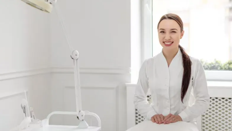 Procedimentos minimamente invasivos que transformam carreiras na estética 7 Profissional de estética avançada sorrindo em clínica moderna após procedimento facial minimamente invasivo.